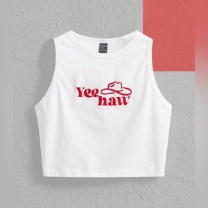 White Crop Top with Red Yee Haw Print